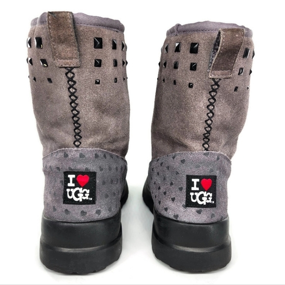 UGG I Heart Rock 'N Roll Grey Printed Hearts Black Studded Pull-On Short Boots - Picture 11 of 15